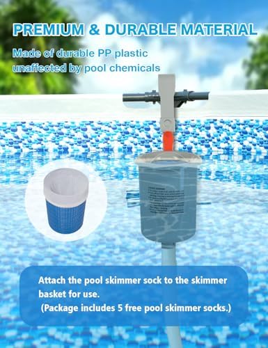 Above Ground Pool Skimmer with 5 Skimmer Socks, Wall Mount Surface Skimmer with Basket for Intex, Tubular, Metal Frame & Inflatable Pools, Adjustable Floating Filter - Auto Removes Leaves & Debris