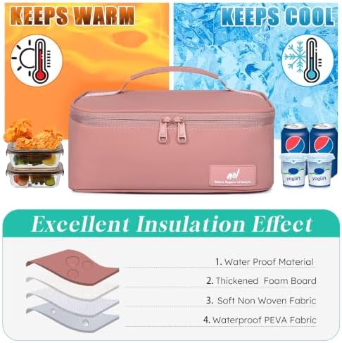 NOL Natural Organic Lifestyle Insulated Lunch Bag for Adults –Compact Cooler Lunch Box with Food-Grade Lining, Waterproof Lunch Bag for Work, Travel | Portable Thermal Meal Tote with Handle,Dark pink