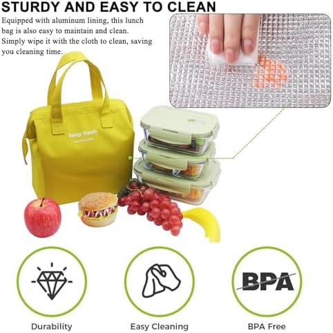 Mziart Insulated Lunch Bag, Simple Cute Lunch Box for Women Men, Yellow