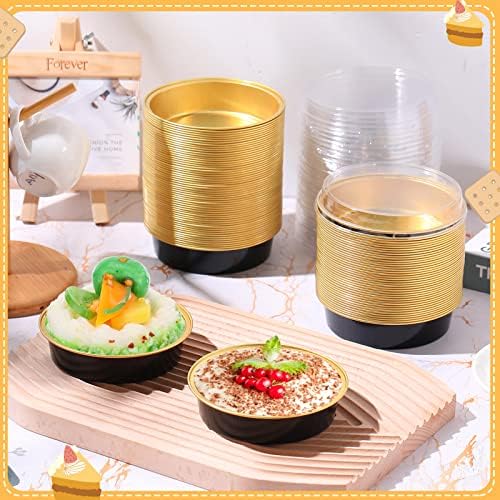 Yinder 200 Pcs 8oz Disposable Mini Pie Pans/tins with Lids Tart Pans, Small Cake Pan Round Containers Aluminum, 4 Inch Mini Cake Pan for Quiche Cheesecake Container Oven Bake Sale(Black and Gold)
