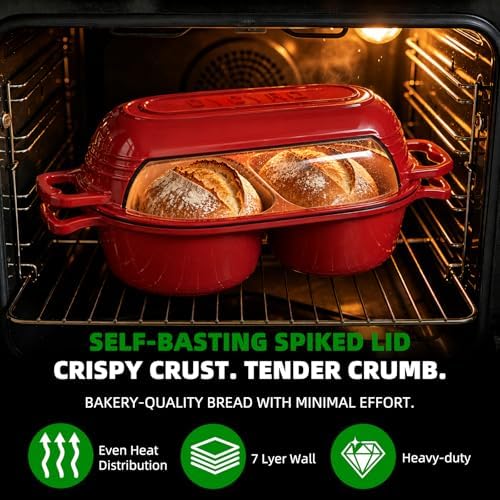 Enameled Cast Iron Dutch Oven Pot with Lid, Double Bread Loaf Pan