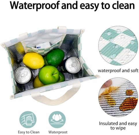 Insulated Lunch Bag for Work, 10.2"x5.9"x10.2" Oxford Waterproof Lunch Tote, Thermal Lunch Box for Office, Picnic & Outdoor, Striped Canvas Tote Bag -Check Green