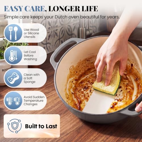 DUMOS Cast Iron Dutch Oven, 6 Quart Pot with Lid, Enameled Heavy Duty Cookware, Oven Safe to 500°F, Perfect for Bread Baking, Braising, Stews and Roasting, Moisture Sealing Lid with Dual Handles, Grey