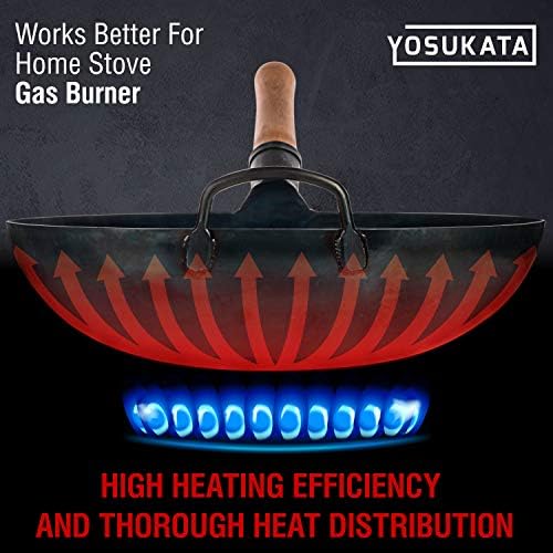 YOSUKATA Blue Carbon Steel Round Bottom Wok Pan 14" + Stainless Steel Wok Lid + 17’’ Spatula and Ladle - Set of 2 Heat-Resistant Tools