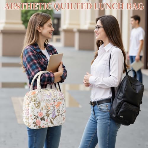 WOBAGMEN Quilted Lunch Box for Women,Coquette Aesthetic Lunch Box for Teen Girls,Cute Floral Lunch Bags for Work, School,Office,Picnic,Travel (Dewy Morning Garden)