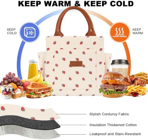 Joymee Lunch Bag Women Insulated Reusable Lunch Box- Corduroy Strawberry
