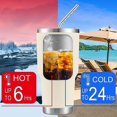 D·S 30oz Cream Tumbler Double Wall Vacuum Insulated Travel Coffee Mug