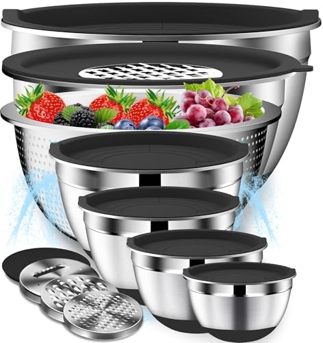 DUTZUN Mixing Bowls with Lids Set - 16pcs Stainless Steel Mixing Bowl Set with Colander, 3 Grater Attachments, Non-Slip Bottom, Metal Nesting Bowls with Strainer for Mixing & Serving - Black