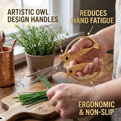 XSNBRD All Purpose Kitchen Scissors, Pearl Gold Stainless Owl Shears.