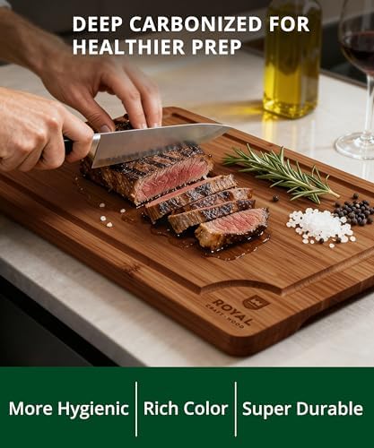 ROYAL CRAFT WOOD Wooden Cutting Boards for Kitchen Appliances - Non Toxic Bamboo Wood Cutting Board Set with Deep Juice Groove, Side Handles, Charcuterie & Butcher Block for Meat, Meal Prep & Serving