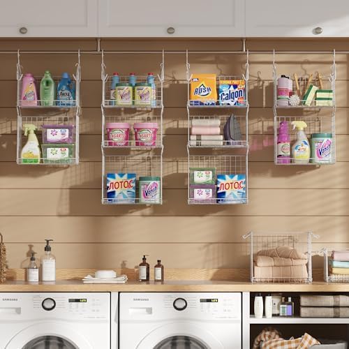 Sonyabecca 5-Tier Hanging Laundry Basket Organizer: Foldable Wire Shelf Basket with 4 Large Hooks 1.65" & 360°Rotating Hooks – Space-Saving Laundry Room Organization for Wardrobe Closet, White Patent