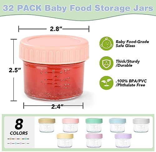 RowinsyDD 32 Pack Baby Food Containers, 4 oz Glass Baby Food Jars with Lids
