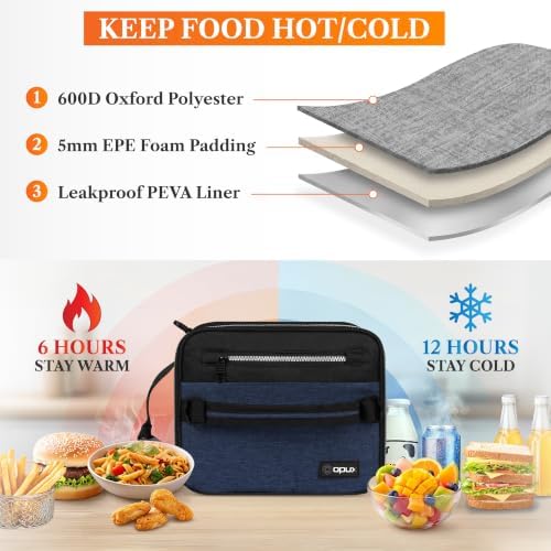 opux Insulated Lunch Bag for Men Women Kids, Soft Lunch Box, Navy Blue