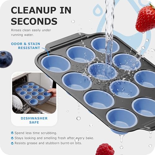 Silicone Muffin Pan for Baking with Metal Frame, 12 Cup Regular Size Cupcake Pan, Nonstick Food Grade Silicone Muffin Tin for Baking, Easy Release Egg Bite Molds, BPA Free