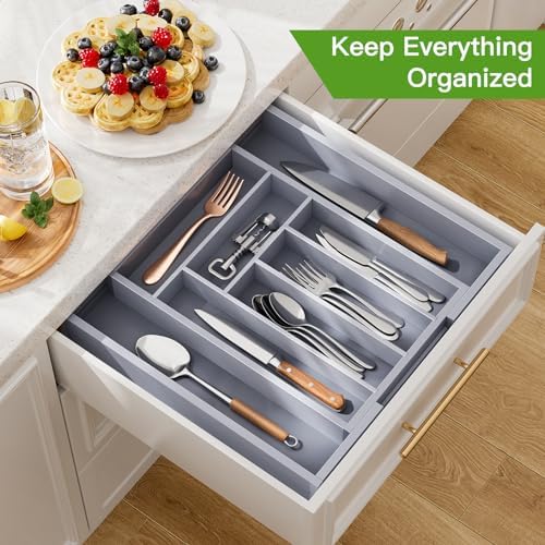 Pipishell Bamboo Expandable Silverware Drawer Organizer, Gray, Medium