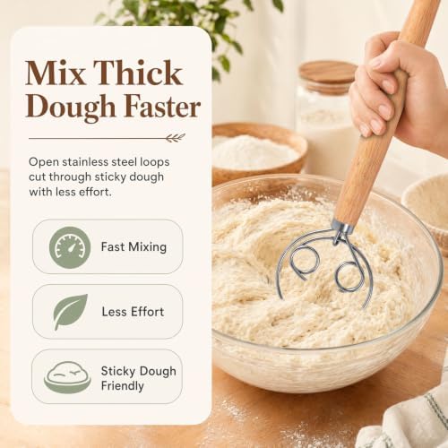 Danish Dough Whisk, 13-Inch Stainless Steel with Long Wooden Handle