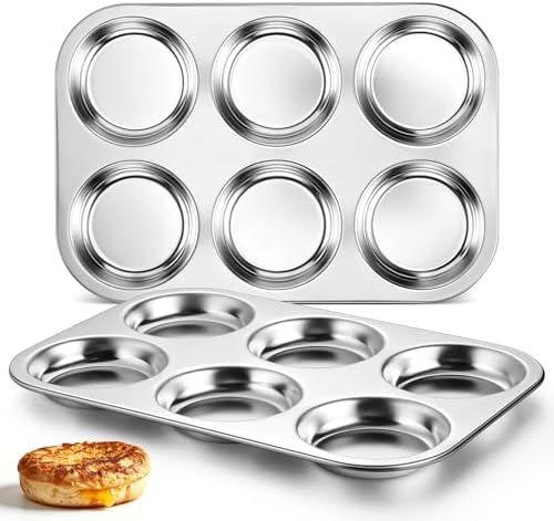 TeamFar Muffin Top Pan, 2 PCS 6 Cavity Stainless Steel Shallow Cupcake Pan