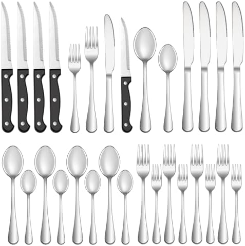 72 Pcs Silverware Set with Steak Knives for 12, Stainless Steel Flatware Set, Mirror Polished Cutlery Utensil Sets, Home Kitchen Eating Tableware Sets, Dishwasher Safe