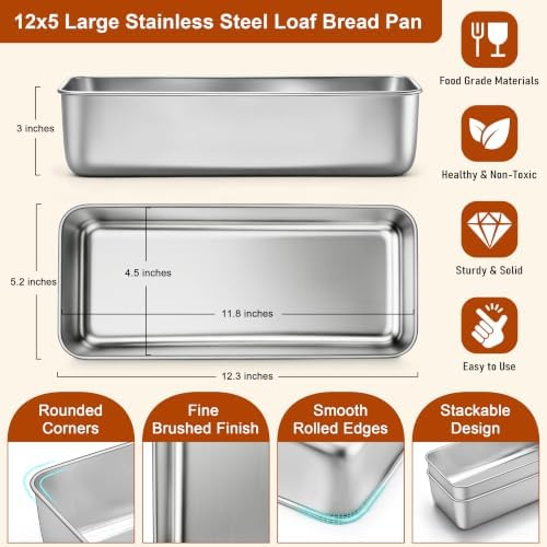 Homikit 12x5 Inches Stainless Steel Loaf Pans, 2 Pack Large Bread Pan Set