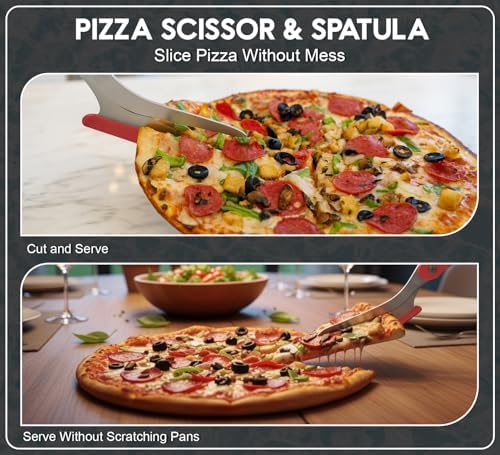 Pizza Scissors with Non Stick Slice Server. Sharp Pizza Cutting Without Topping Mess.Firm Grip, Food Grade Stainless Steel Pizza Cutter. Dishwasher Safe. 4 in 1 Kitchen Scissors