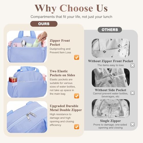 KUBYA Lunch Box for Women, Cute Grids Corduroy Insulated Lunch Bag Women Reusable Work Simple Adults Large Lunch Boxes Tote Bag Men Cooler Bag