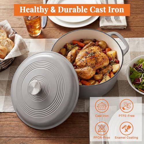 NEWBULIG Cast Iron Dutch Oven, 6 Quart Enamel Dutch Oven Pot with Lid, Heavy Duty Cookware for Sourdough Bread, Braising, Stews, Roasting, Safe up to 500°F, Grey