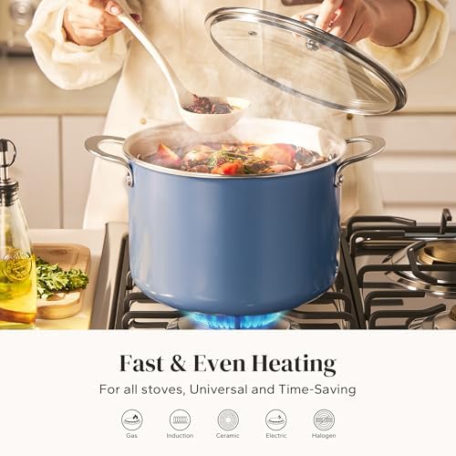 Redchef Nonstick Stock Pot with Lid 8 QT, Ceramic Large Pasta Pot for All Stovetops, Stockpot Cooking Soup Pot for Kitchen, PFOA Free, Sturdy Handles, Even Heating, Oven/Dishwasher Safe, Blue
