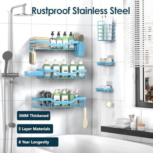 NESOMI Shower Caddy Adhesive Shower Organizer 8-Pack, Rustproof Stainless Steel Bathroom Shelves, Large Capacity No-Drill Rack Storage Accessories with Soap Dish Toothbrush Holder Hooks