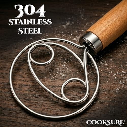 Danish Dough Whisk for Sourdough Bread – 13 Inch Bread Whisk with Wooden Handle – 304 Stainless Steel Hook for Heavy Dough Baking, Swedish Dough Whisk Tool