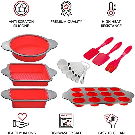 Boxiki Kitchen 13-Piece Non-Stick Silicone Bakeware Set with Cake Pan, Brownie Pan, Loaf Pan, Muffin Mold, Spatulas, Brush, and Measuring Spoons - Oven, Freezer and Dishwasher Safe