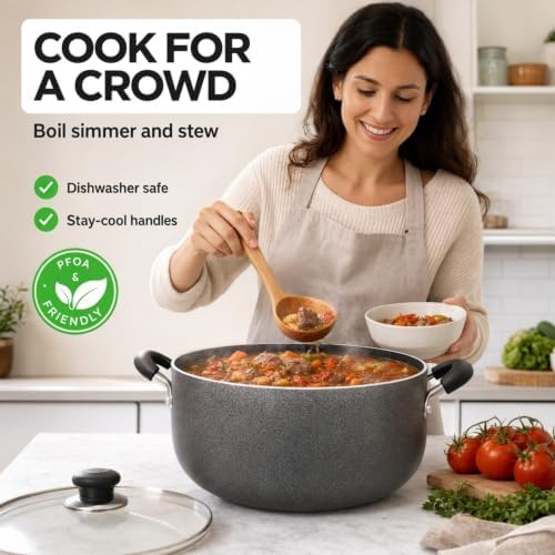 American Dream 30QT Sauce Pot with Glass Lid | Heavy-Duty Aluminum Stock Pot for Soups, Stews, Pasta & Seafood |Dutch Oven Style Cooking Pot with Stay-Cool Handles | Easy-Clean, PFOA-Free Cookware