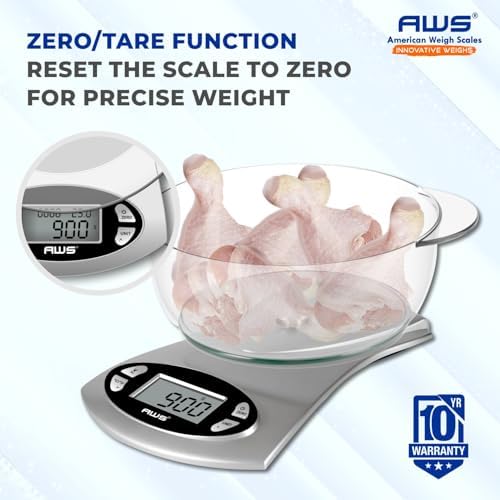 AWS Kitchen Pro 0.1g/0.001oz Precision Food Scale 5kg/11lb Digital Bowl Scale with Tempered Glass, | 2.72L Dishwasher-Safe Bowl, Tare, Timer, Clock & Room Temperature Display | Ultra Cooking Scale