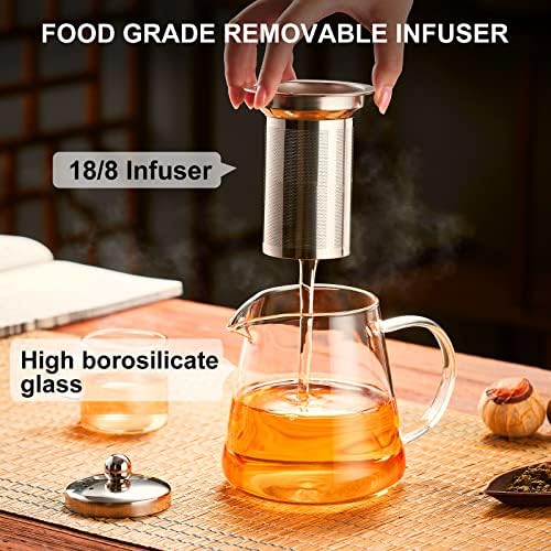 PARACITY Glass Teapot Stovetop 32 OZ, Borosilicate Clear Tea Kettle with Removable 18/8 Stainless Steel Infuser, Teapot Blooming and Loose Leaf Tea Maker Tea Brewer for Camping, Travel (950ML)