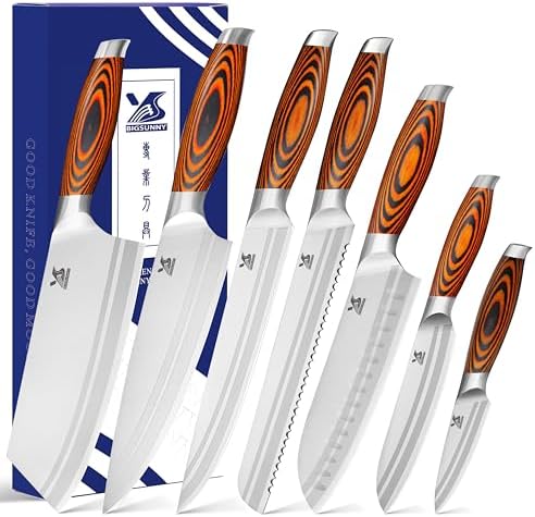 MSY BIGSUNNY 7-PCS Kitchen Knife Set, German Stainless Steel for Chef Knife Set with Pakkawood Handle, Perfect Cutlery Set Gift