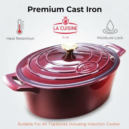 La Cuisine Enameled Cast Iron Oval Dutch Oven Casserole Dish Pot with Lid 6.75 QT Internal Matt Black Enamel Coating Gold-Plated Stainless Steel Lid Handle Oven Safe Cranberry