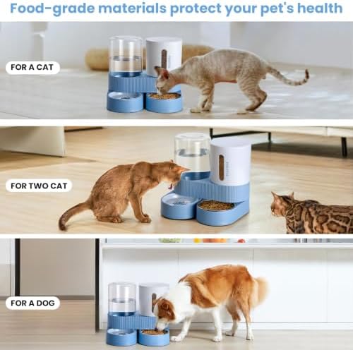 Automatic Cat Feeder Stainless Steel Water Dispenser Gravity Food Feeder and Waterer Set with Pet Food Bowl for Small Medium Kitten Puppy Pets Large Capacity(Blue)