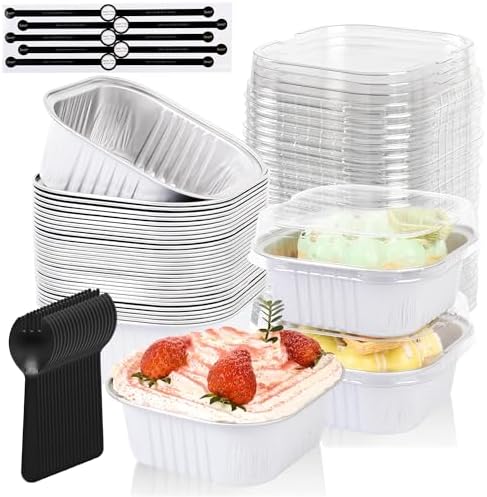 100 Pcs Mini Cake Pans with Lids, 10oz Square Aluminum Foil Brownie Baking Cups, Dessert Cupcake Cups with lids, Disposable Loaf Pans Cupcake for Wedding Birthday Party (White)