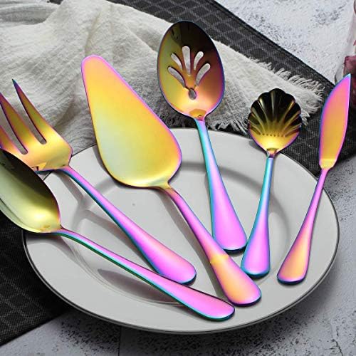 Berglander Stainless Steel Golden Titanium Plated Flatware Serving Set 6 Pieces, 5 Serving Pieces of 45 Pieces Flatware With 1 Cake Server,Serving Silverware Set (Shiny Golden)