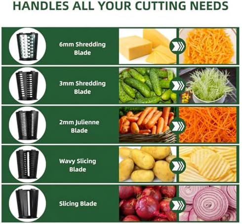Rotary Cheese Grater with Handle - Vegetable Shredder with 5 Blades & Strong Suction Base, Round Slicer & Food Chopper for Kitchen (Black)