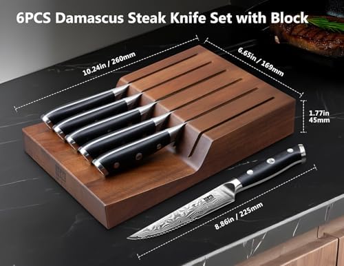 SHAN ZU Steak Knife of 7, 4.5 Inch Damascus Steak Knife Set with Block