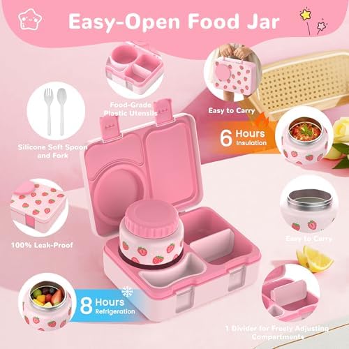 Kids Bento Box with Food Jar, Water Bottle, Lunch Bag, Strawberry
