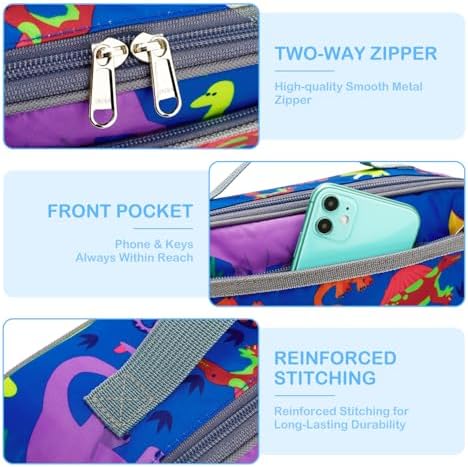 FlowFly Kids Lunch box Insulated Soft Bag Mini Cooler Back to School Thermal Meal Tote Kit for Girls, Boys, Dinosaur