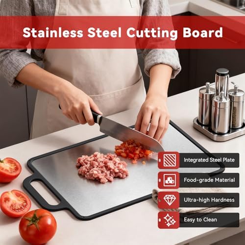 Double-Sided Solid Stainless Steel Cutting Board for Kitchen, 304 Grade & Dishwasher Safe - Non-Slip with Juice Groove, Perfect for Meat and Veggies, 15.3x9.6 Inch