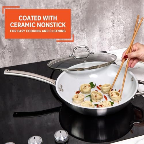 IMUSA 12 Inch 2 Ply Aluminum Ceramic Wok with Glass Lid, Gray