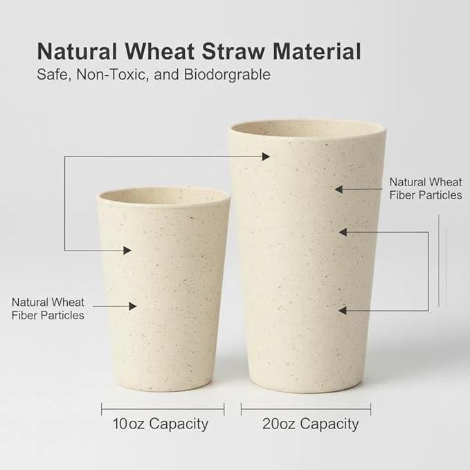 12 Pack Premium Wheat Straw Cups, 6 Pcs 20 oz & 6 Pcs 10 oz Unbreakable Drinking Cups, Alternative to Plastic Cups Sets, Reusable Water Glasses Tumbler, Microwave & Dishwasher Safe, Bpa Free, 6 Colors