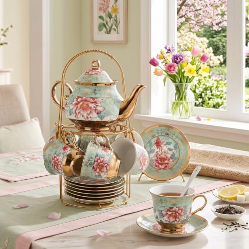 Zhehao 20 Pcs Porcelain Tea Set for Adult, with Metal Holder, Fresh