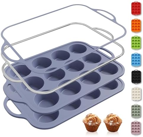 2 Packs 12 Cups Silicone Muffin Pan with Metal Reinforced Frame Regular Size Cupcake Pan Tray Egg Bites Silicone Circle Cookie Molds Muffin Tin Tart Pans Baking Sheet Set for Breakfast Sandwiches