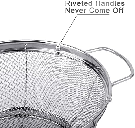 5 Pack 18/8 Stainless Steel Colander Sieves, Multi Size Mesh Strainer Net Baskets with Handles & Resting Base for Strain, Drain, Rinse or Steam