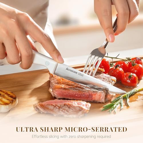Astercook Steak Knives Set of 8, High Carbon Stainless Steel Steak Knife Set with Full Tang Handle, Dishwasher Safe Serrated Knife, Elegant Cream White