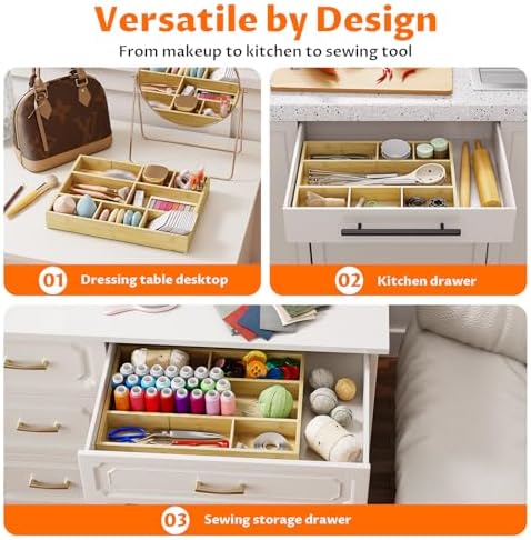 Bamboo Drawer Organizer with 9 Adjustable Compartments, Desk Storage Tray